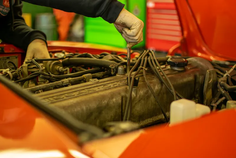 Classic car front end in the 8A's garage